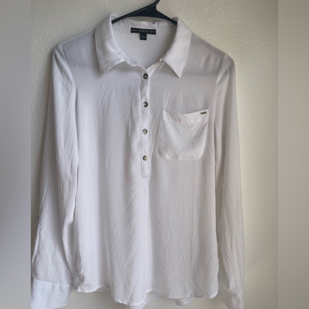 GUESS White Long-Sleeve Polo Shirt